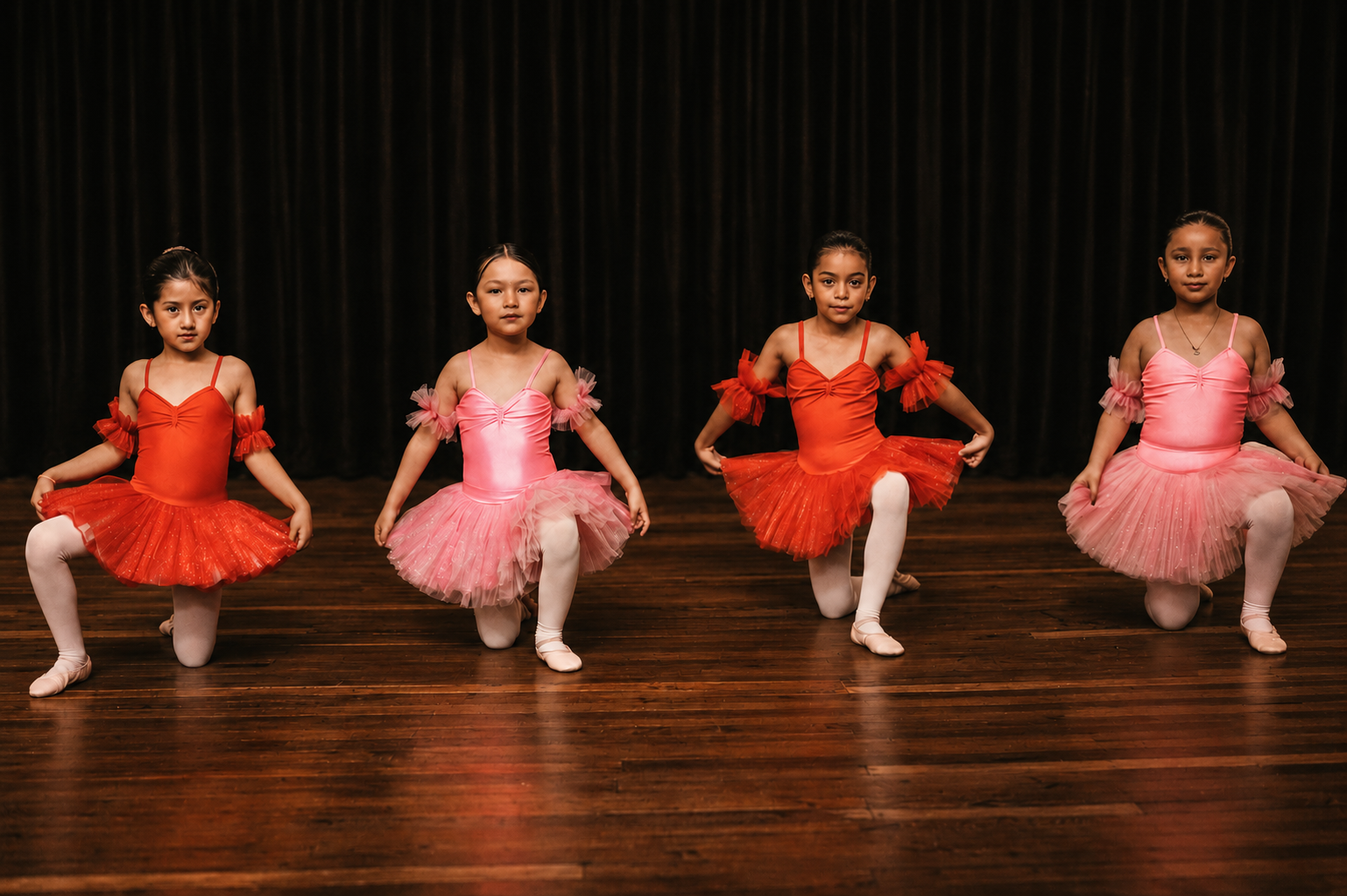 Niñas pequeñas en clase de preballet con tutús de colores