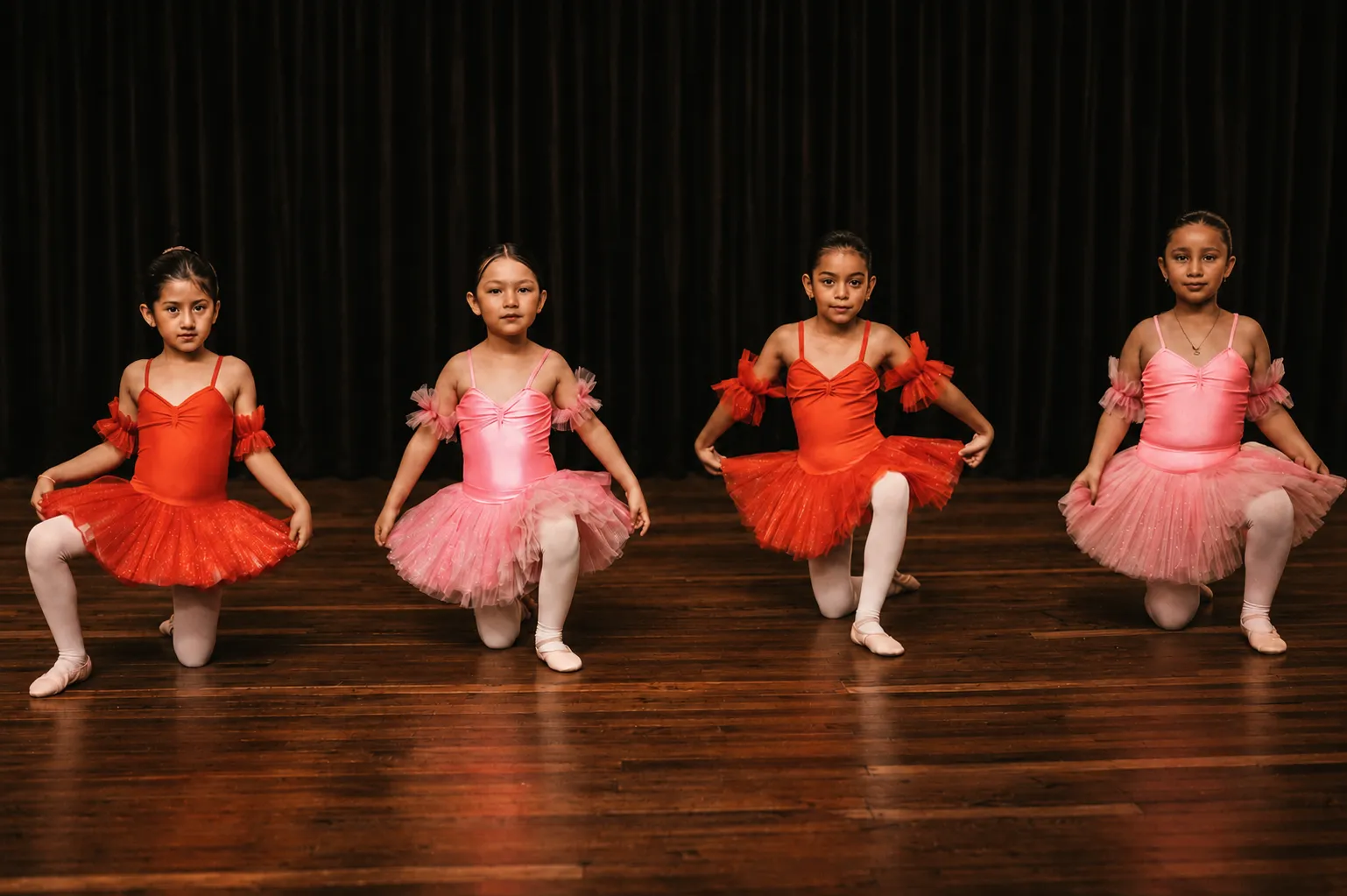 Niñas pequeñas en clase de preballet con tutús de colores