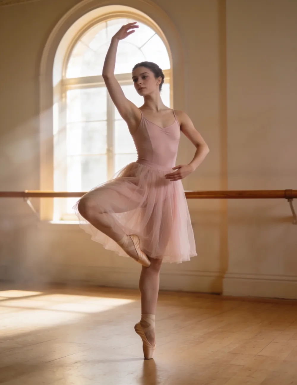 Bailarina joven en puntas durante clase de ballet avanzado